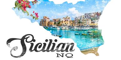 Sicilian landscape inside Sicily's map shape.