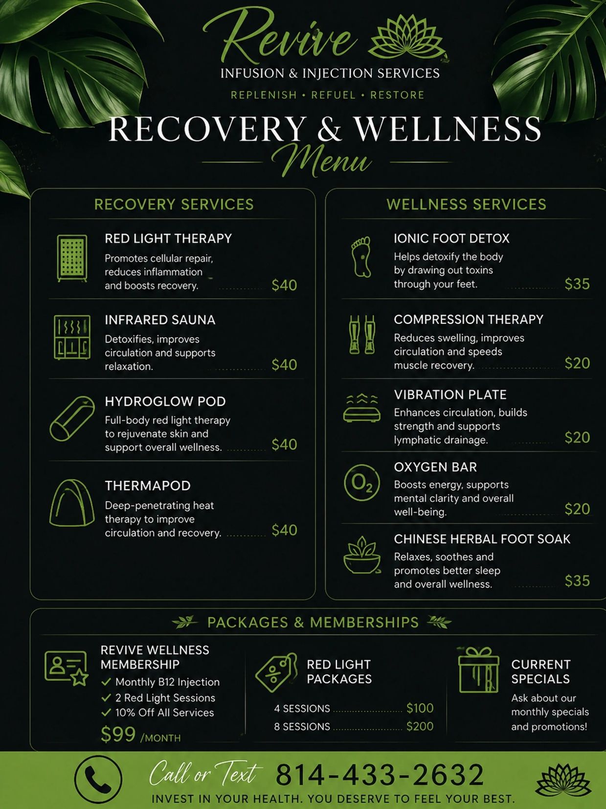 Revive Infusion & Injection Services offers recovery and wellness therapies with packages and memberships.