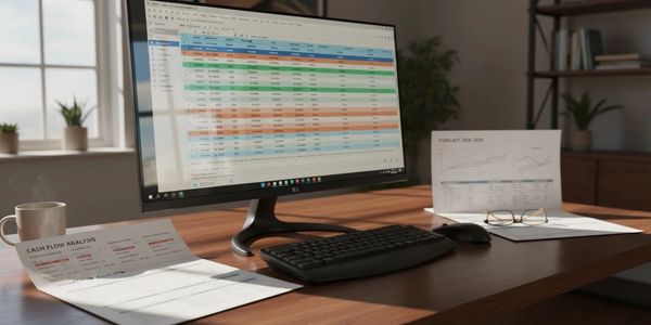 A desk with a computer displaying a spreadsheet, financial documents, and a keyboard.