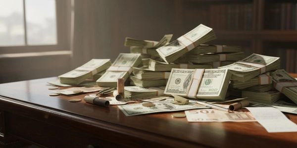 Stacks of US dollar bills and coins spread on a wooden desk in a sunlit room.