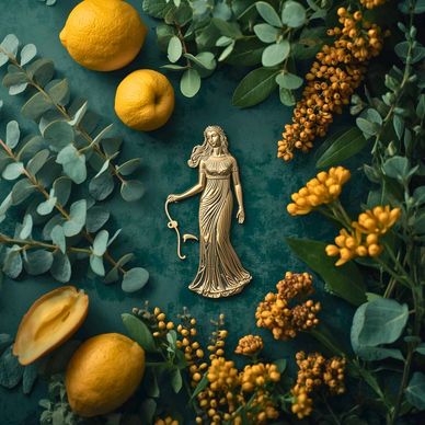 Virgo - A golden figurine surrounded by lemons, green leaves, and yellow flowers on a teal surface.