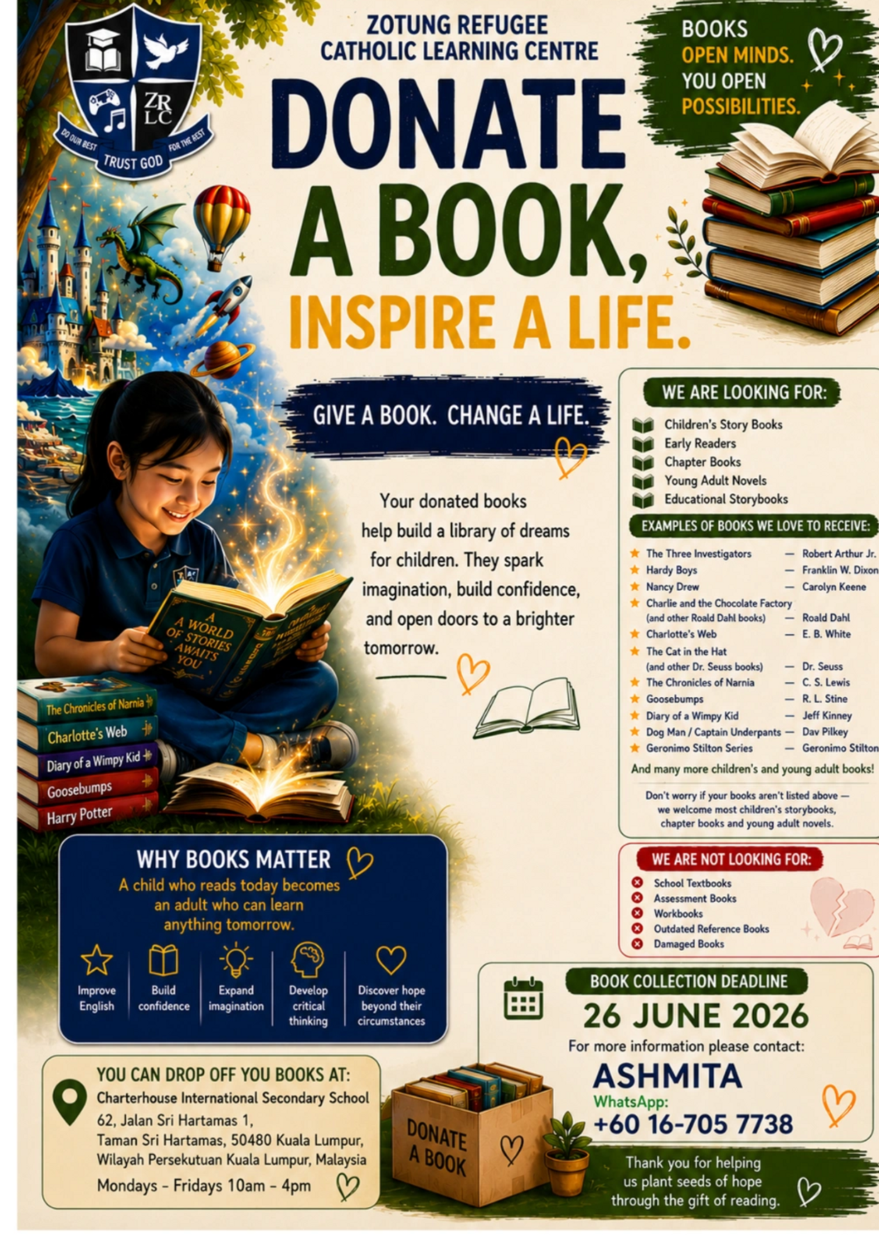 Donate books to inspire children and build their dreams at Zotung Refugee Catholic Learning Centre.