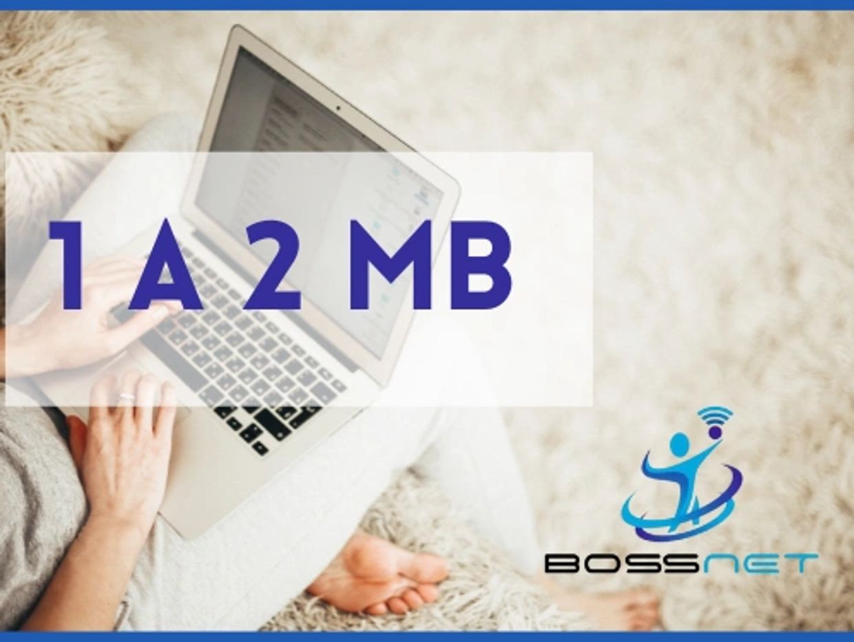 Persona usando laptop con texto "1 A 2 MB" y logo Bossnet.