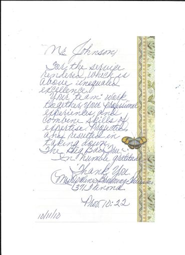 Thank You Note To Johnson Tree Service Inc.