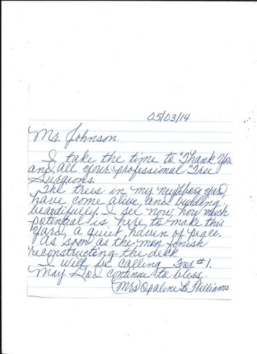 Thank You Note To Johnson Tree Service Inc.