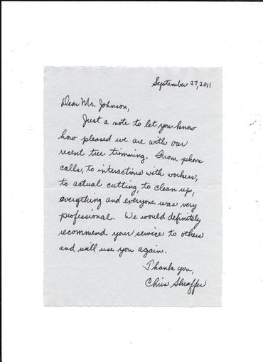 Thank You Note To Johnson Tree Service Inc.