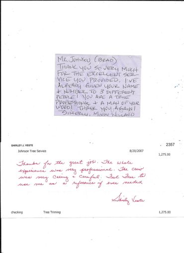 Thank You Note To Johnson Tree Service Inc.