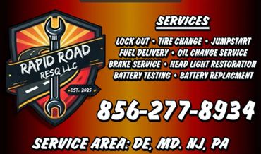 Rapid Road ResQ LLC offers various roadside services and operates in DE, MD, NJ, and PA.