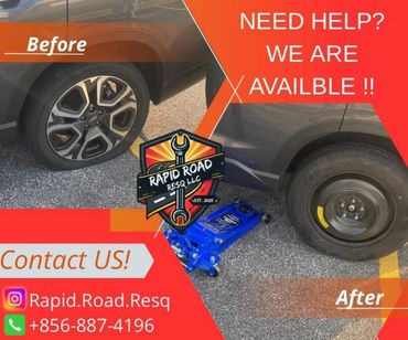 Before and after tire change by Rapid Road Resq with contact info.