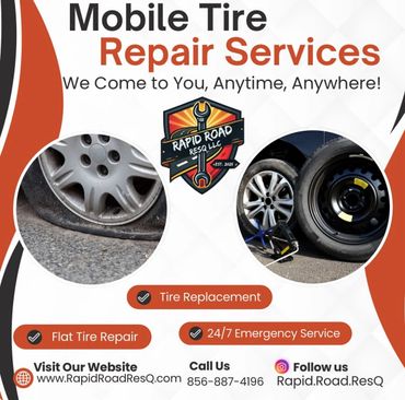 Mobile tire repair service offering flat tire repair, tire replacement, and 24/7 emergency help.