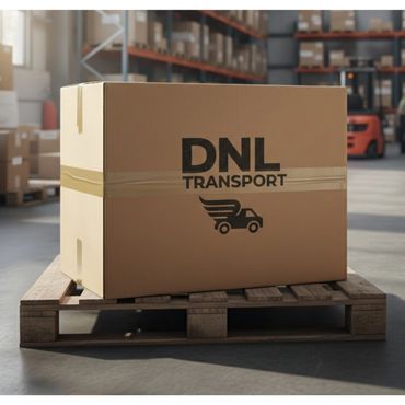 A large cardboard box labeled 'DNL Transport' on a wooden pallet in a warehouse.