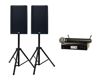Two QSC K10.2 speakers on top of two speaker stands and one Shure BLX wireless mic system.