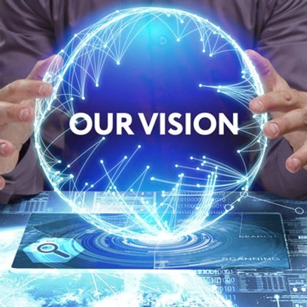 Futuristic holographic globe with the text 'OUR VISION'.