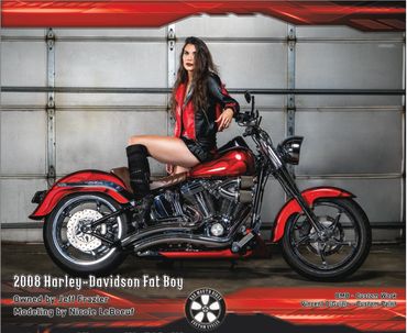 Nicole of Rhode Island modeling for the 2025 Bad Mouth Bikes Fender Candy Calendar on a 2008 Harley