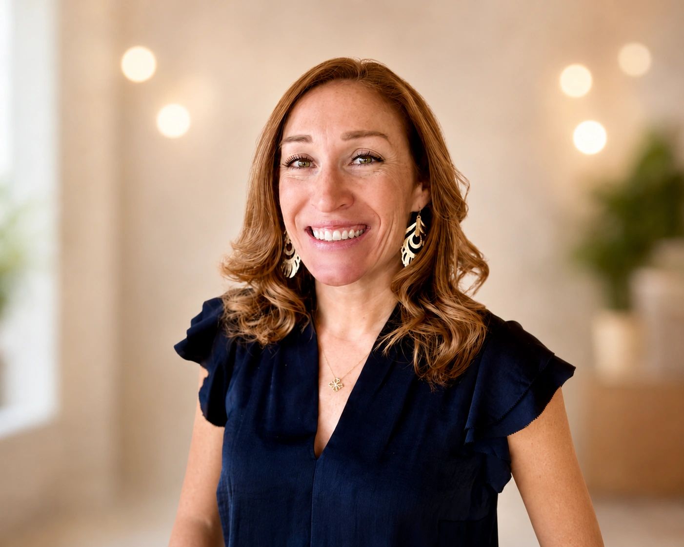 Smiling woman with curled hair and gold earrings.