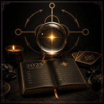 Mystical 2025 year ahead planner with crystal ball and tarot cards.