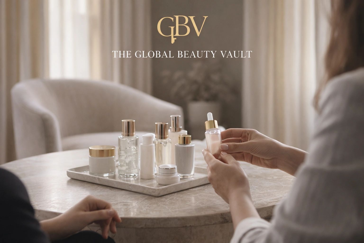 Elegant beauty products displayed on a marble table with two people discussing.