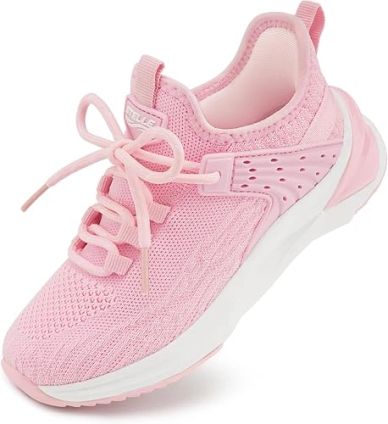 Pink athletic shoe with white sole.
