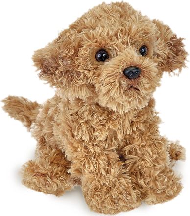 Curly brown stuffed dog toy.