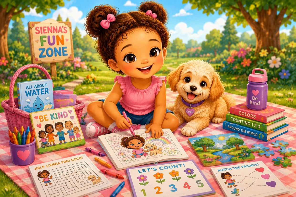 Little girl coloring alongside her dog in a fun learning zone.