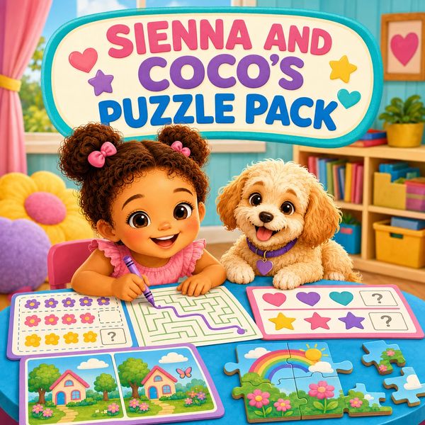 Girl and dog enjoying puzzles in a colorful room.