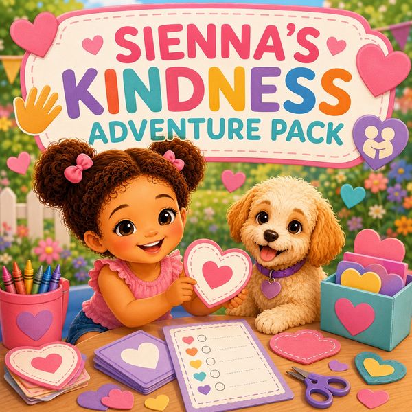 Sienna's Kindness Adventure Pack with girl and puppy.
