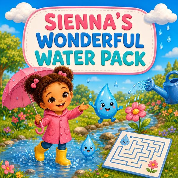 Sienna's Wonderful Water Pack with a happy girl and water droplets.