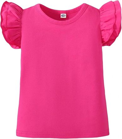 Bright pink t-shirt with ruffled sleeves.