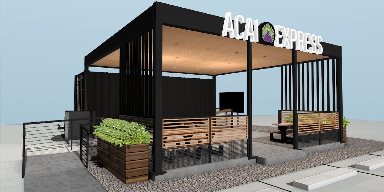 Modern black-framed outdoor cafe kiosk.