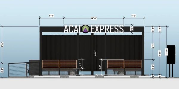 Facade design of Açaí Express with measurements.
