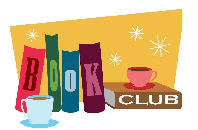 Book club sign with books and cups of coffee or cocoa