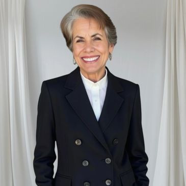 Smiling mature woman in a black double-breasted blazer.