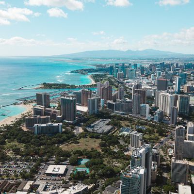 Drone shot of Waikiki and Ewa