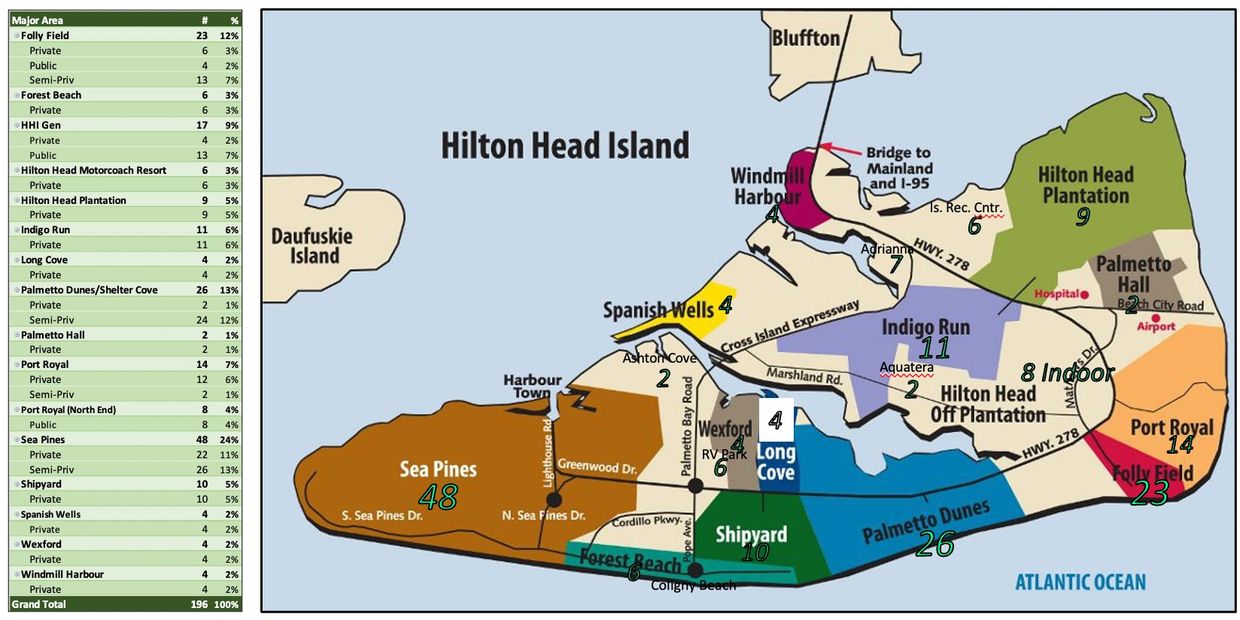 Map of Hilton Head with communities and the number of pickleball courts in each