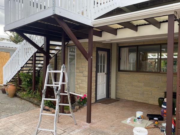 Balcony refresh - all wood cleaned, sanded back and given 2 coats of mission brown paint - ready for