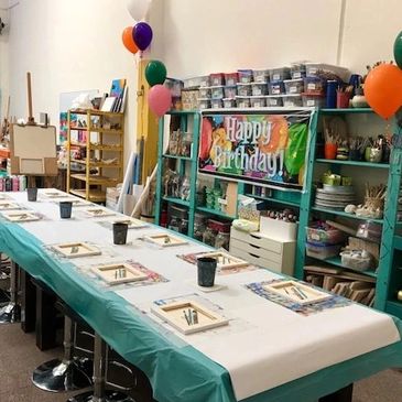 Art birthday party set up at Studio H Fine Art in Irvine, CA