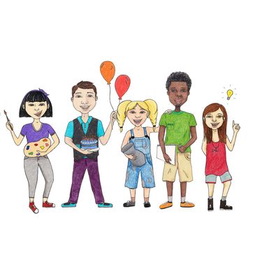 Colored pencil drawing of kids at art studio's in-person and online art class in Irvine, CA