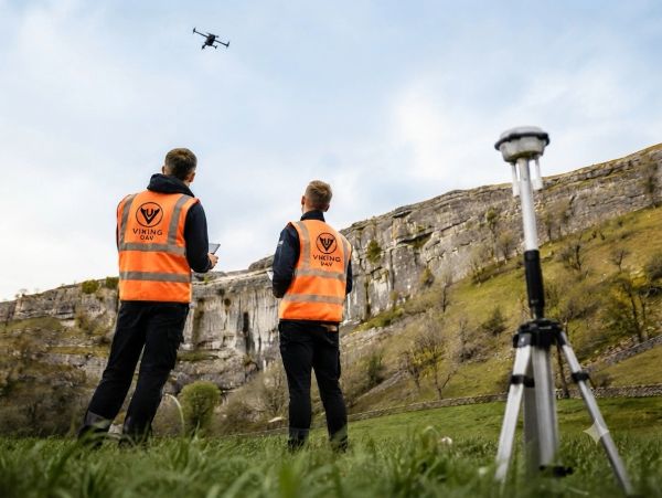 Two men in orange vests flying a drone outdoors.