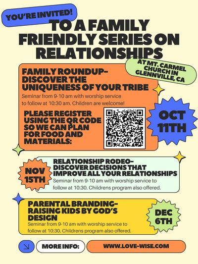 Invitation to a family-friendly series on relationships at Mt. Carmel Church.