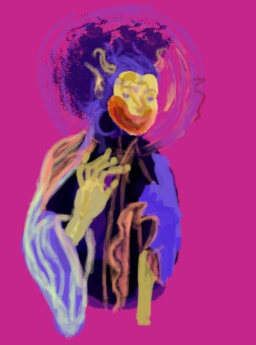 Digital painting of a ghostly figure holding hand up