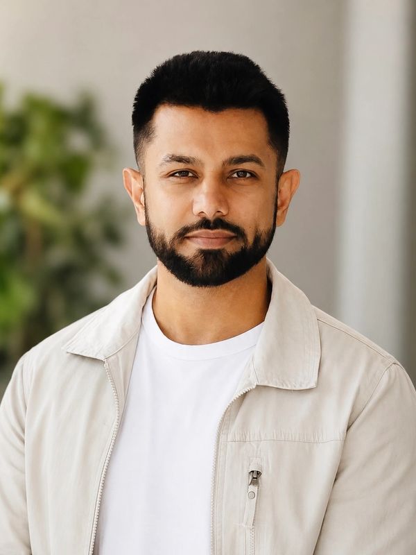 Confident man with beard wearing white jacket and t-shirt.