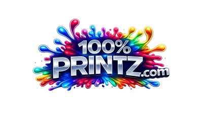 Logo for 100% Printz with colorful splash.