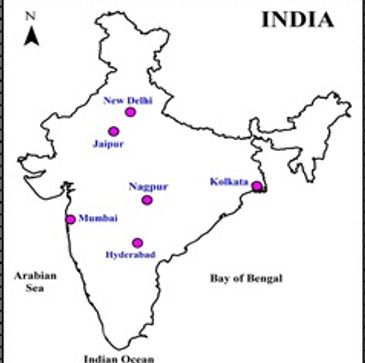 Map showing major cities and water bodies in India.