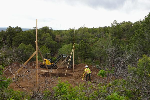 Construction worker surveying a forested excavation site with machinery.