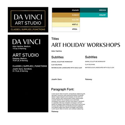 Da Vinci Art Studio branding with fonts, colors, and layout details.