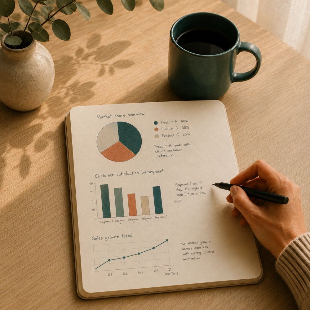 Notebook with hand-drawn consumer research charts beside a cup of coffee.