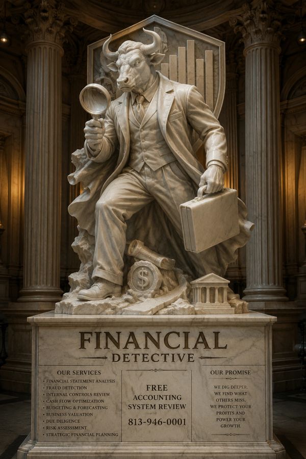Statue of a bull-headed financial detective holding a magnifying glass and briefcase.