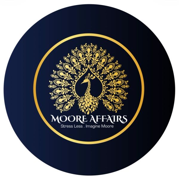 Elegant golden peacock logo with Moore Affairs text and tagline on dark background.
