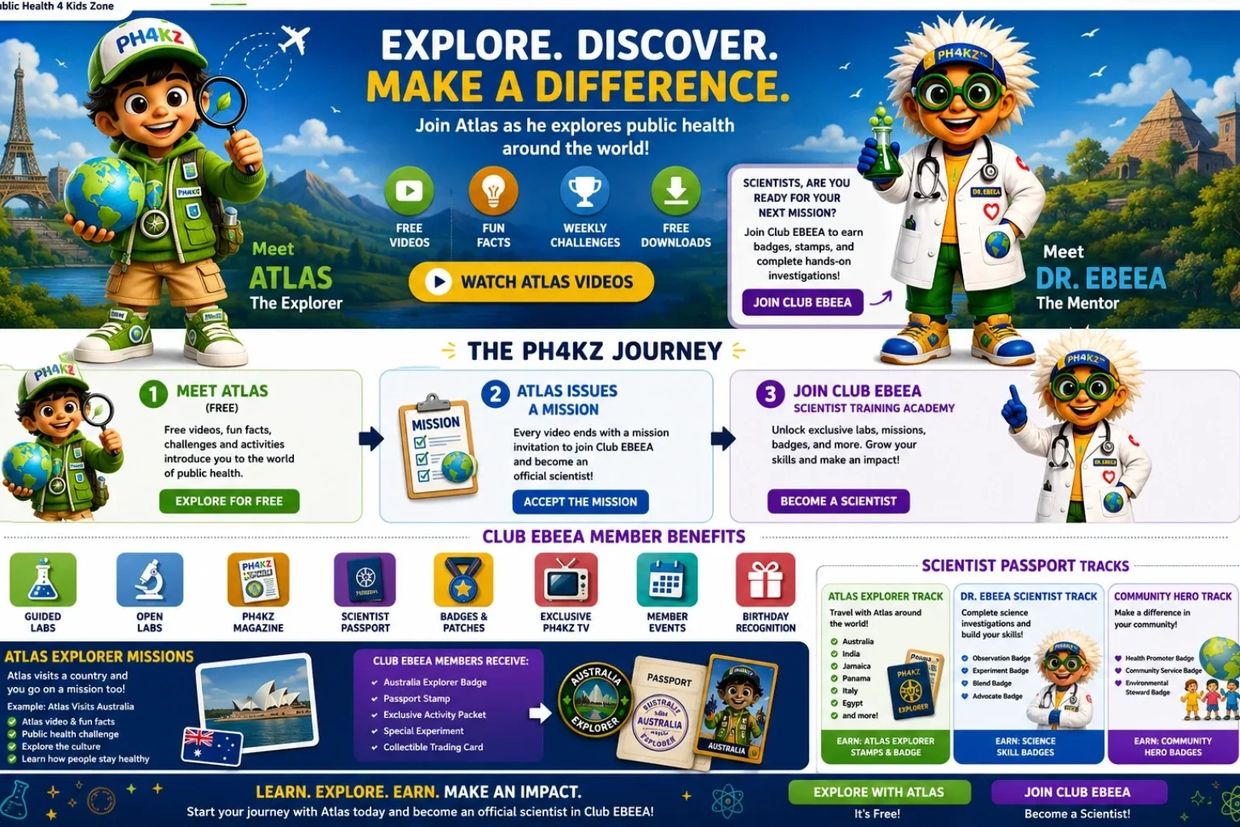 Educational public health adventure for kids with Atlas and Dr. EBEEA.