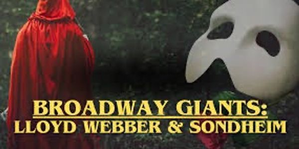 Promotional image for Broadway Giants: Lloyd Webber & Sondheim featuring symbolic masks and red cloak.
